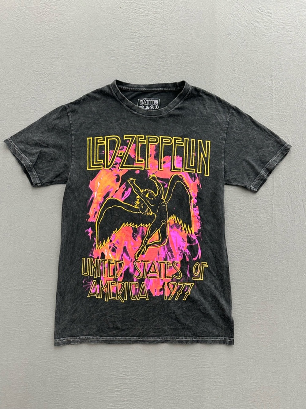 Led Zeppelin Black Graphic Tour T-Shirt - Black with Pink & Yellow Print